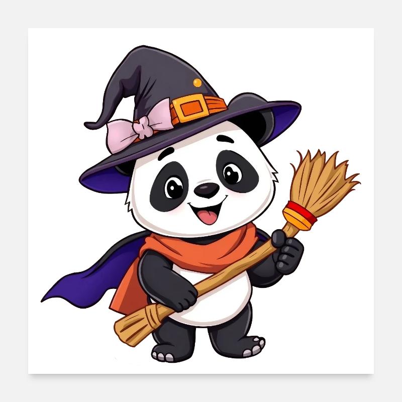 Mignon panda d’Halloween sorcière avec balai Poster 60 x 60 cm