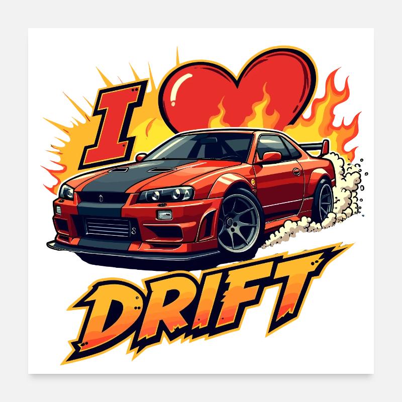 Speedster Drift Auto Illustration - Poster 60x60 cm - Weiß
