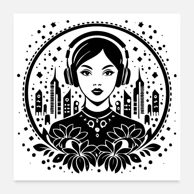 Moderne Frau mit Kopfhörern – urbane Skyline Poster 60x60 cm