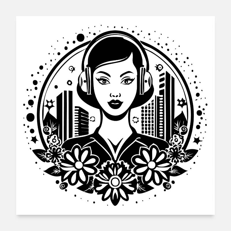Techno Beat kick – Woman, Headphones, Sequence Poster 24" x 24" (60x60 cm)