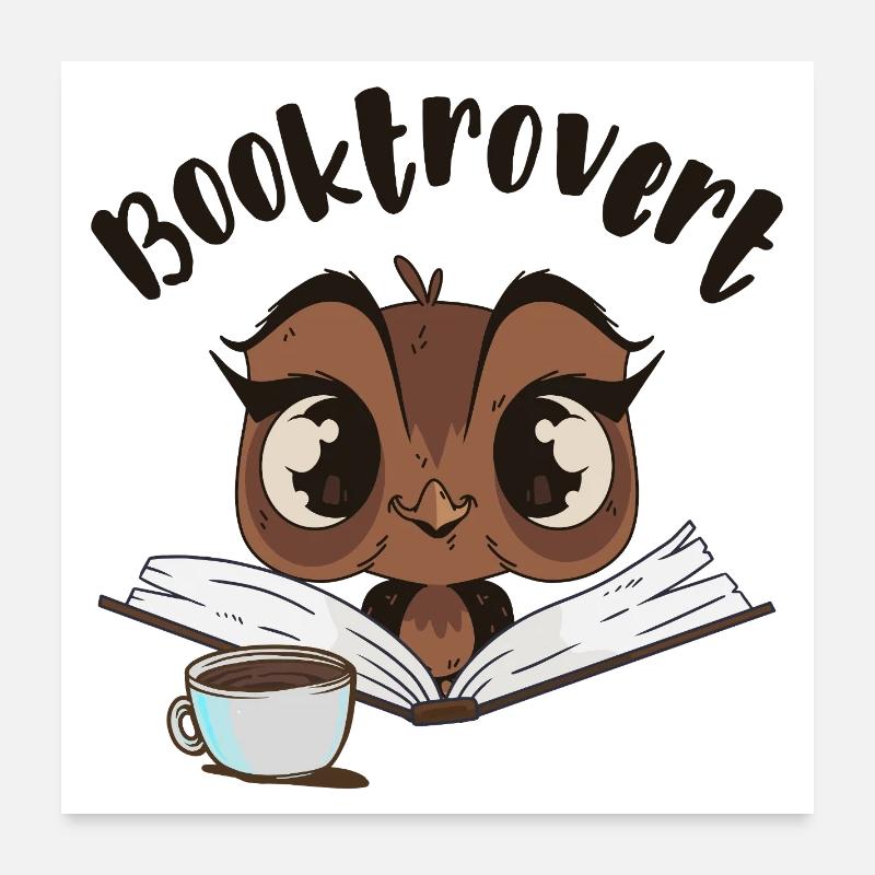 Booktrovert Eule mit Buch und Kaffee Poster 60x60 cm
