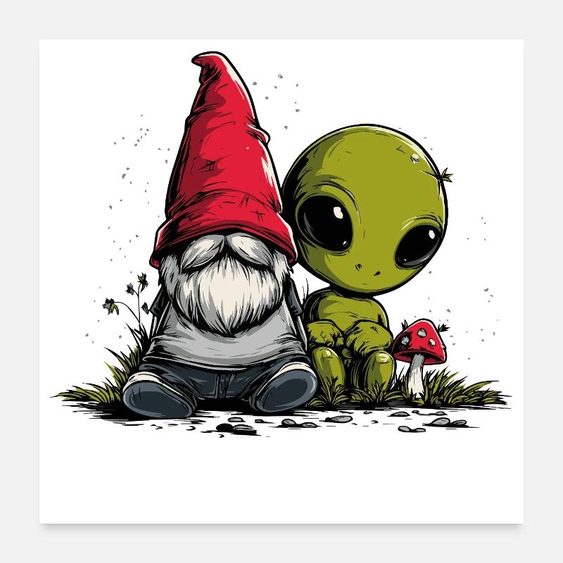Nain de jardin et extraterrestre Poster 60 x 60 cm