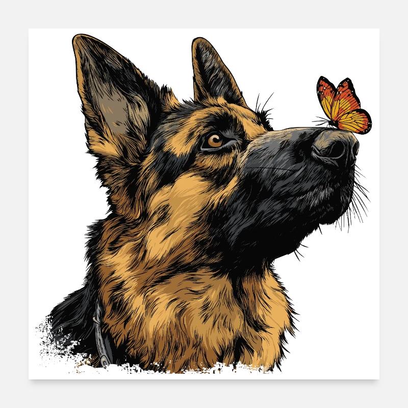 Deutscher Schäferhund und Schmetterling Poster 60x60 cm
