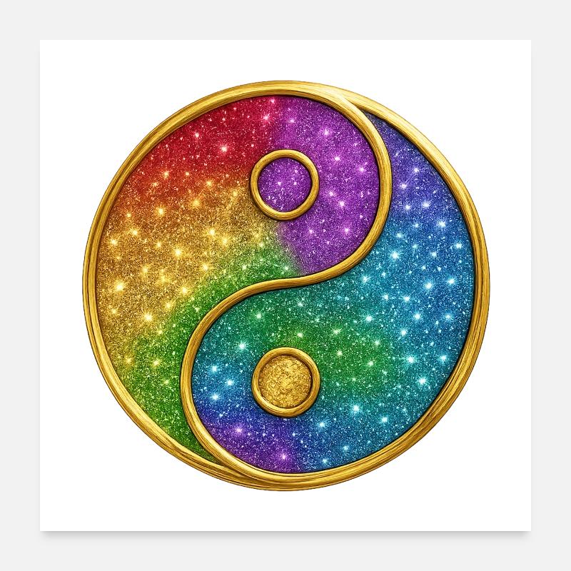 Regenbogen-Yin-Yang mit funkelnden Sternen - Poster 60x60 cm - Weiß