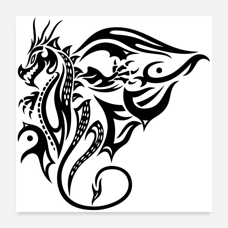 Seitlicher Tribal Drache Design mit Flügel - Poster 60x60 cm - Weiß