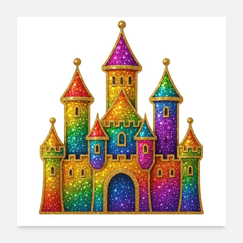 Regenbogen-Glitzer-Schloss-Design Poster 60x60 cm