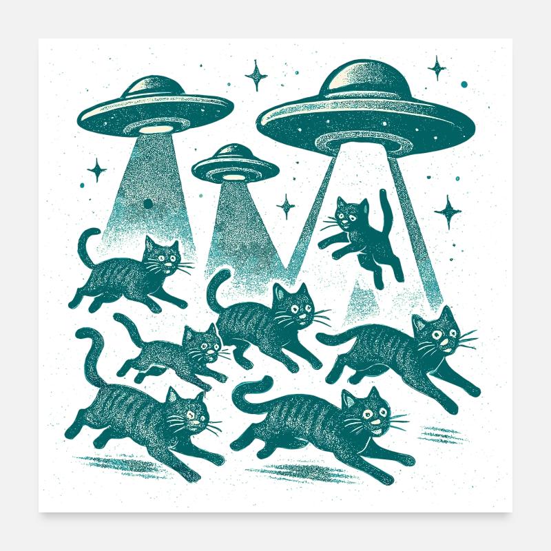 Alien UFOs UFO Cat Cats Beaming Retro Gift Poster 24" x 24" (60x60 cm)