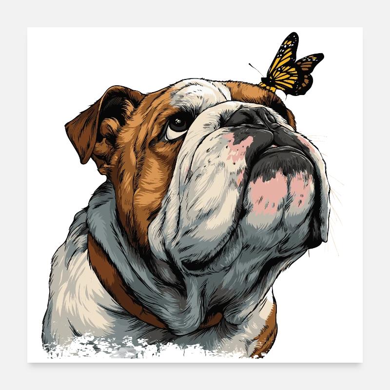 Bouledogue anglais et papillon Poster 60 x 60 cm