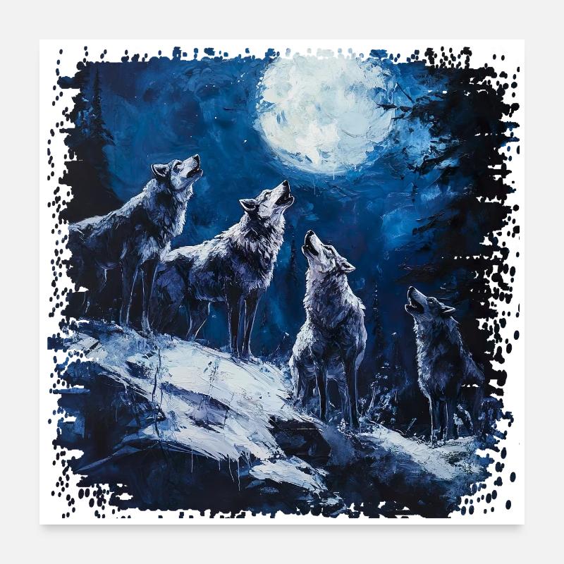 Wolfsgruppe unter Vollmond Poster 60x60 cm