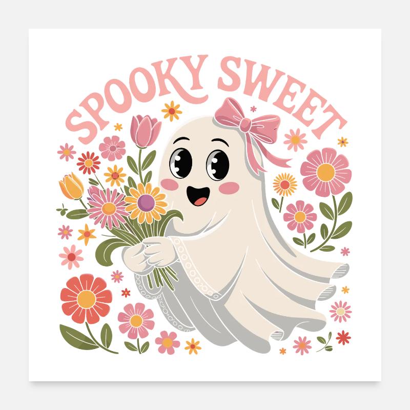 Motifs de fantômes mignons avec couronne de fleurs Poster 60 x 60 cm