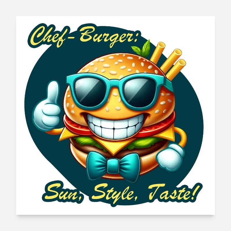 Sunny Chef Burger Dessin animé Design Poster 60 x 60 cm