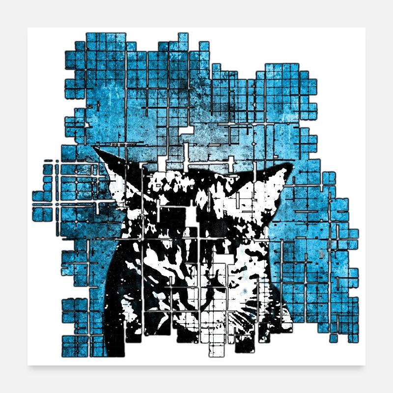 Portrait de chat de style graffiti avec explosion bleue Poster 60 x 60 cm