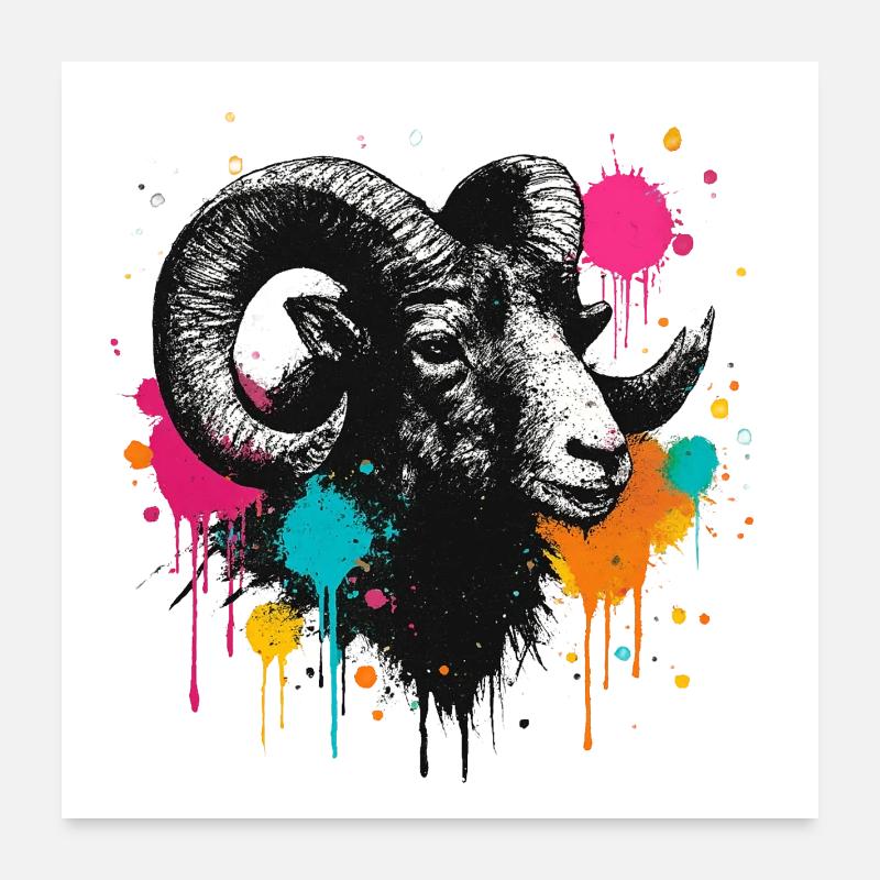 Tête de bélier graffiti explosion de couleurs Poster 60 x 60 cm