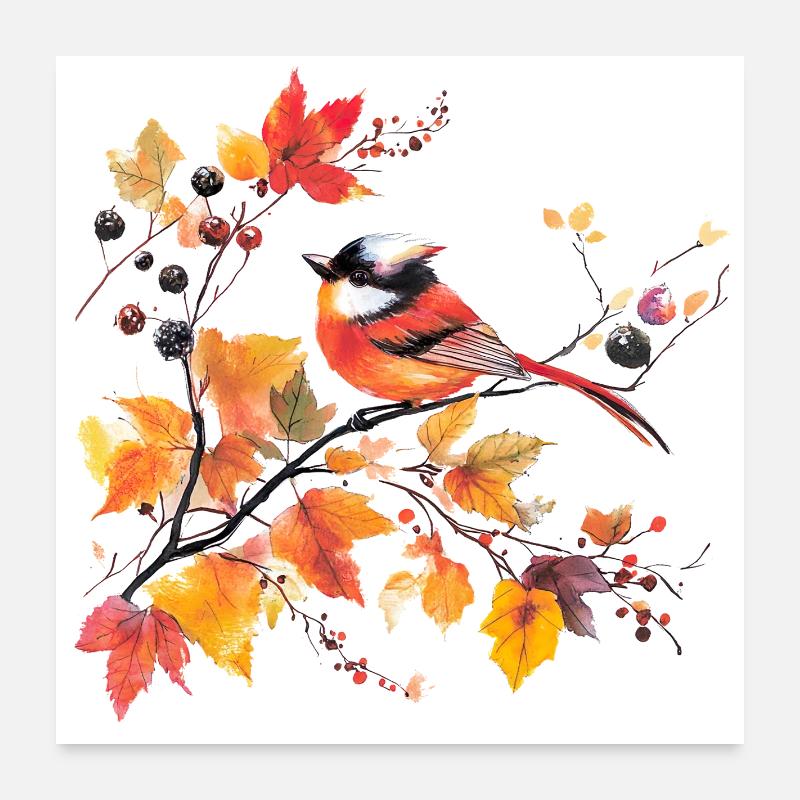 Bird in autumn on leaf branch Poster 24" x 24" (60x60 cm)