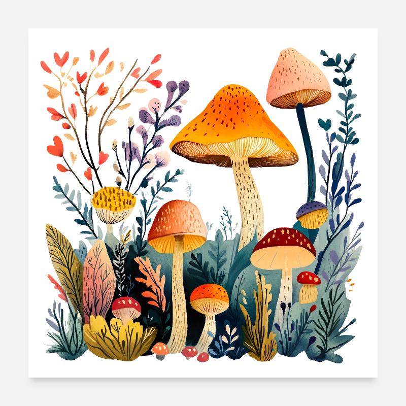 Groupe de champignons forestiers dans la forêt d’automne Poster 60 x 60 cm