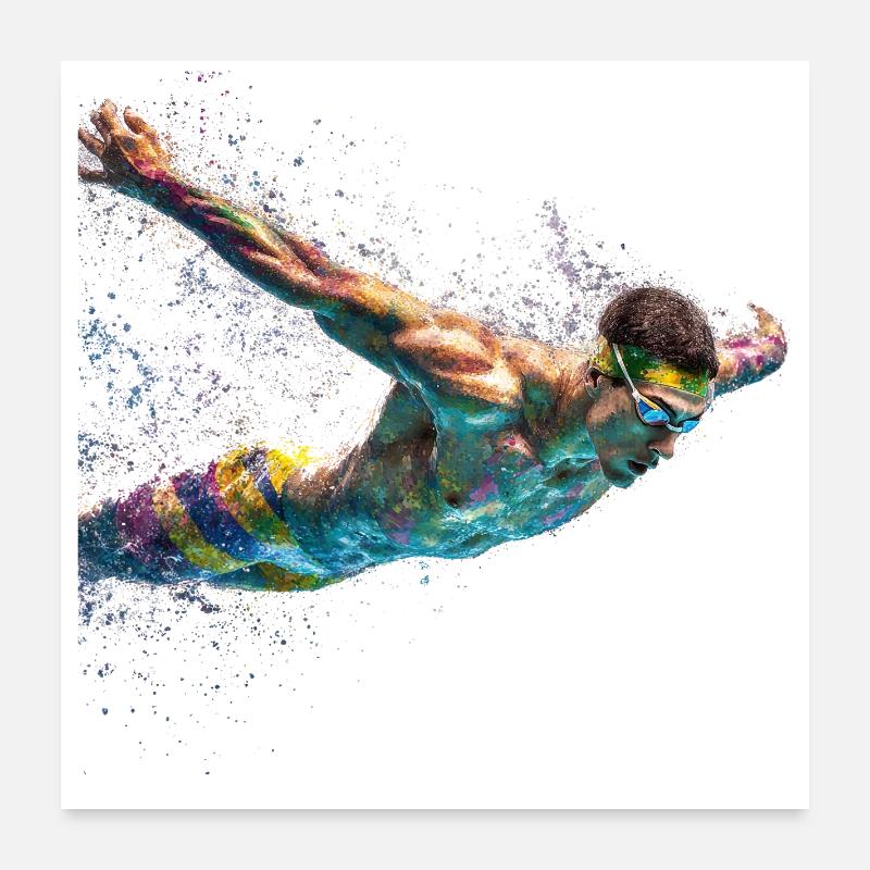 Farbenwirbel Schwimmer Splash - Poster 60x60 cm - Weiß