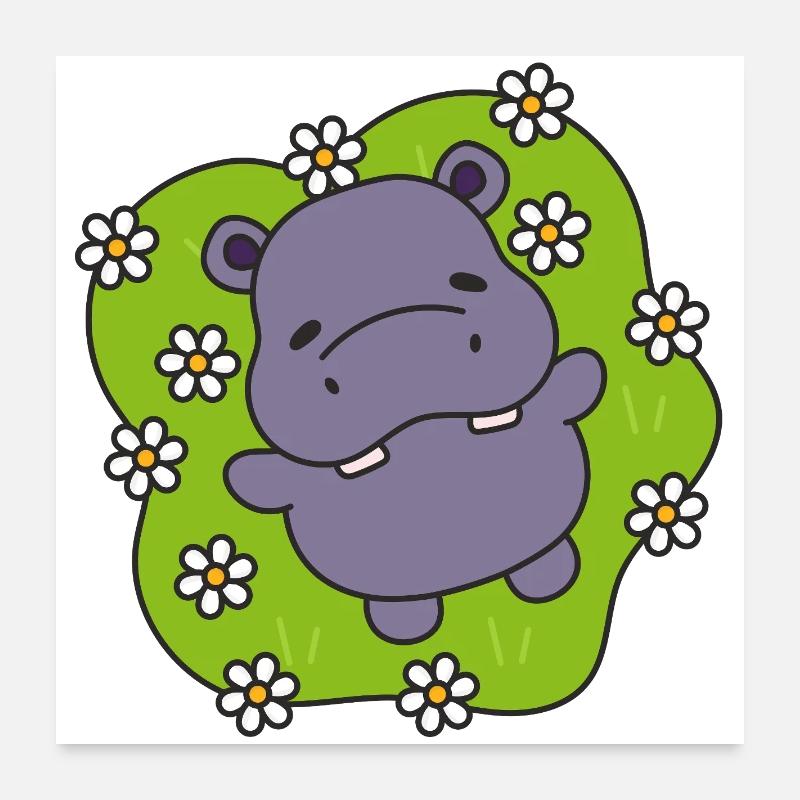 Hippo violet sur gazon fleuri - Poster 60 x 60 cm - blanc