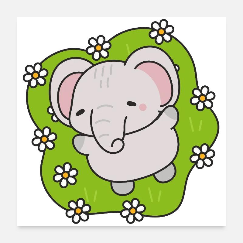 Éléphant Mignon aux Fleurs Poster 60 x 60 cm