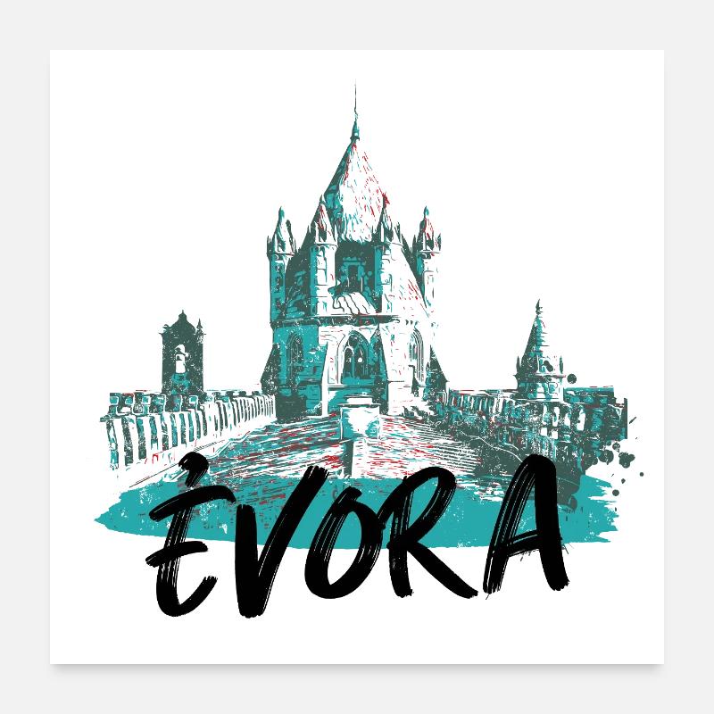 Toit cathédrale Évora illustration bleutée Poster 60 x 60 cm