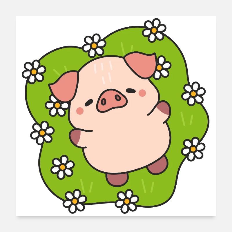 Cochon fleuri joyeux en prairie Poster 60 x 60 cm