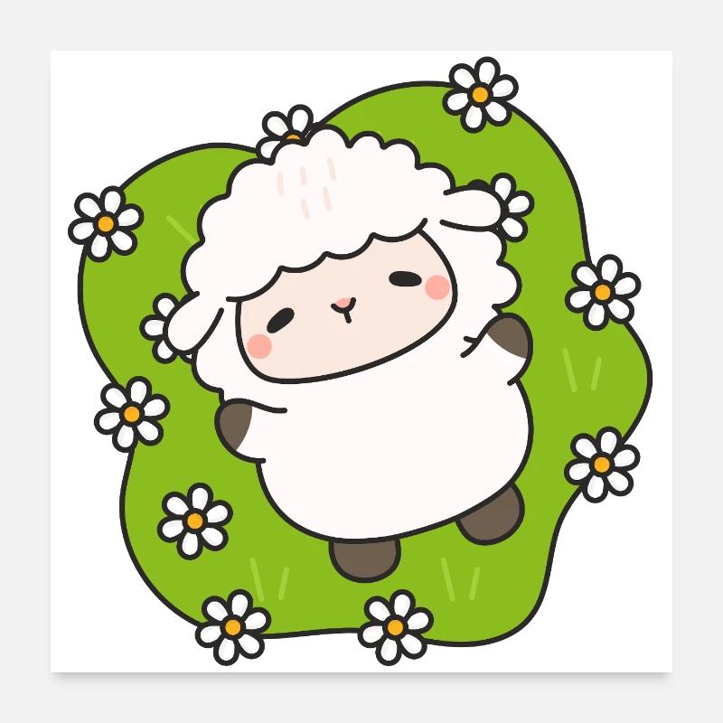 Mouton joyeux sur gazon fleuri Poster 60 x 60 cm