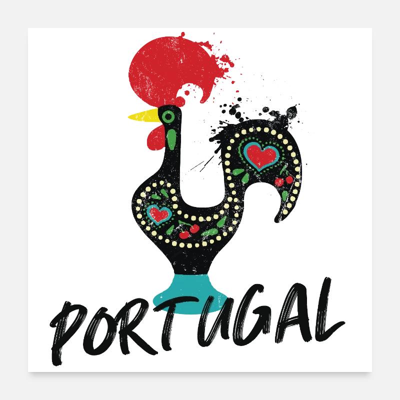 Barcelos Hahn, buntes Symbol Portugals - Poster 60x60 cm - Weiß