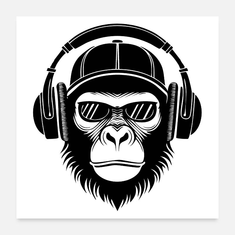 Monkey Head Glasses Cap DJ Groove Shirt Poster 24" x 24" (60x60 cm)