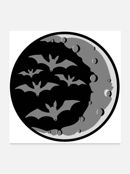 Veel vleermuizen silhouet koele halve maan nacht - Poster 60x60 cm - wit - Voor