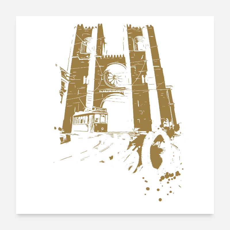 Tramway et cathédrale à Lisbonne illustration ocre Poster 60 x 60 cm