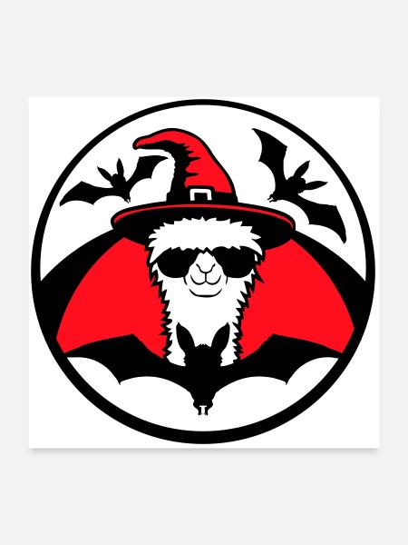 Lama Halloween Hexe Hut Fledermaus Cool Alpaka Süß - Poster 60x60 cm - Weiß - Vorne