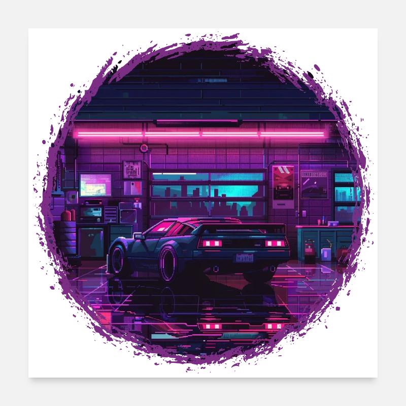 Neon Garage – RetroRift Night Edition - Poster 60x60 cm - Weiß