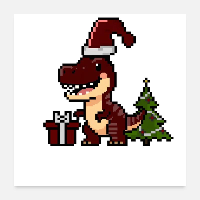 Pixel Dino Weihnachtsdino - Poster 60x60 cm - Weiß