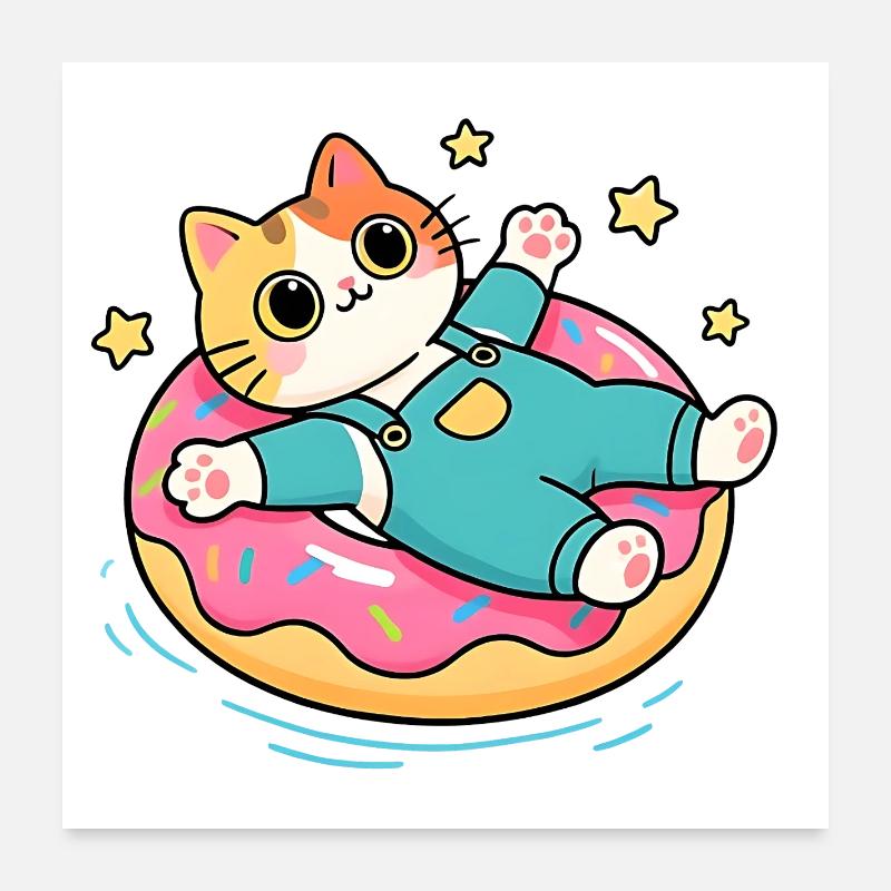 Chat sur donut flottant pastel Poster 60 x 60 cm