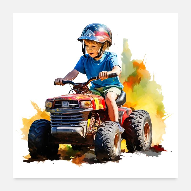 Junge auf Spielzeugtraktor mit Farbspritzer Poster 60x60 cm