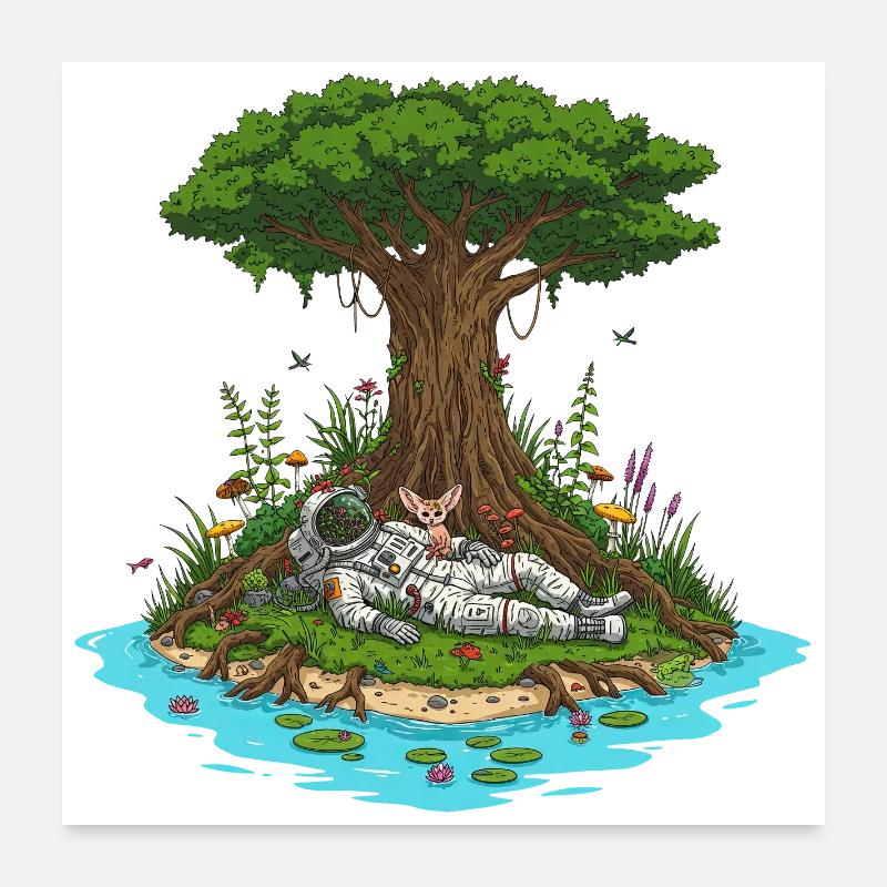 Astronaute Chien Île Dreamscape Poster 60 x 60 cm