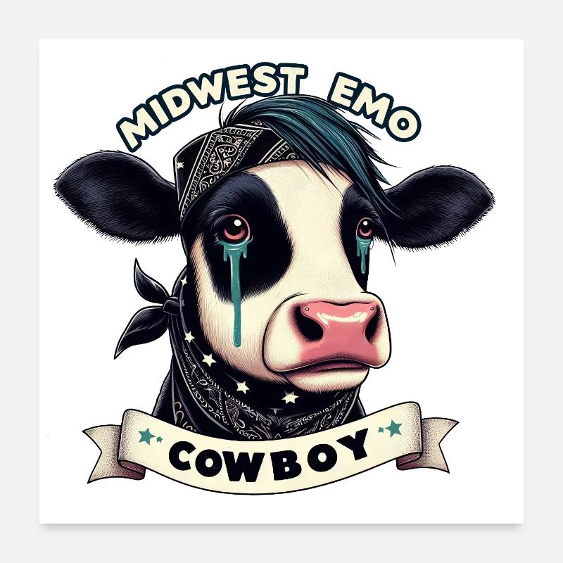 Midwest Emo Cowboy Cow Illustration Poster 24" x 24" (60x60 cm)
