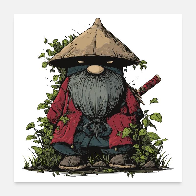 Drôle ninja nain de jardin avec épée Poster 60 x 60 cm