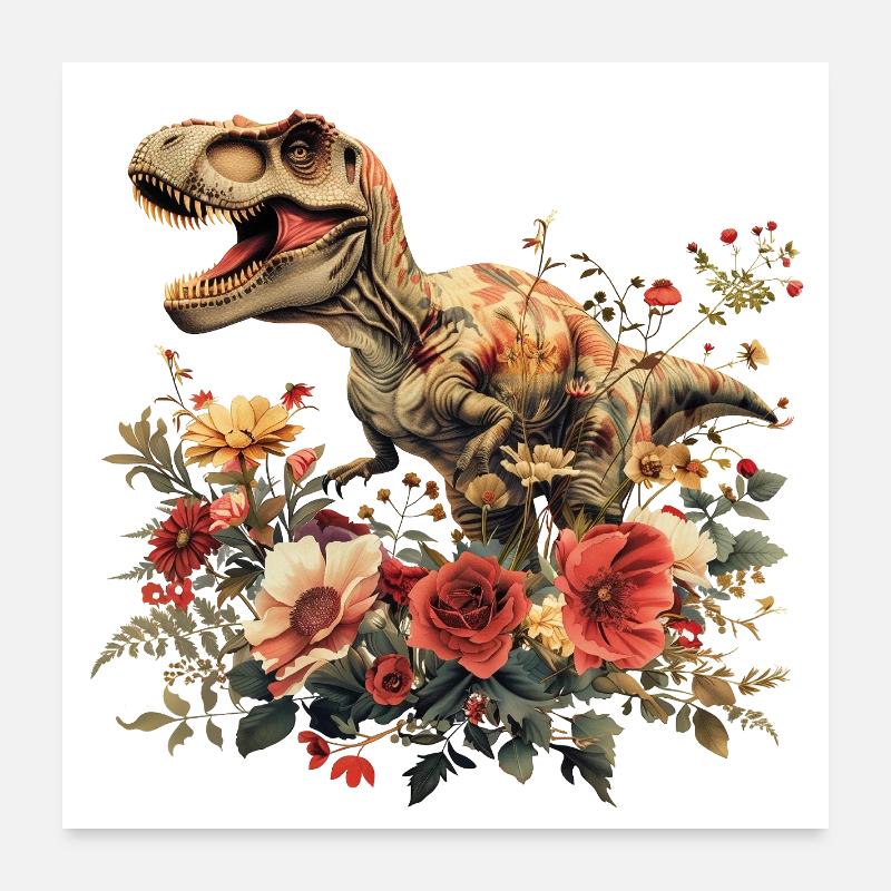 T-Rex Dino with Flowers Poster 24" x 24" (60x60 cm)