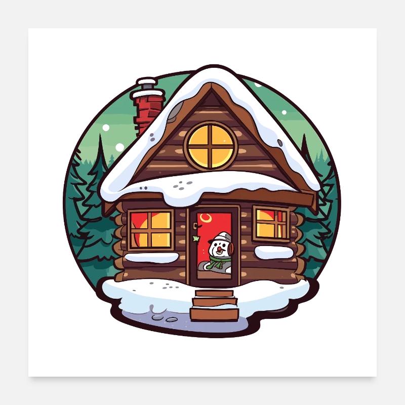 Winter cabin cartoon with cat Poster 24" x 24" (60x60 cm)