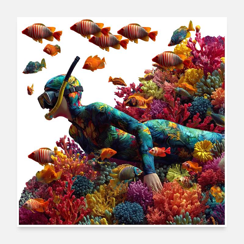 Coral reef diver with colorful fish Poster 24" x 24" (60x60 cm)