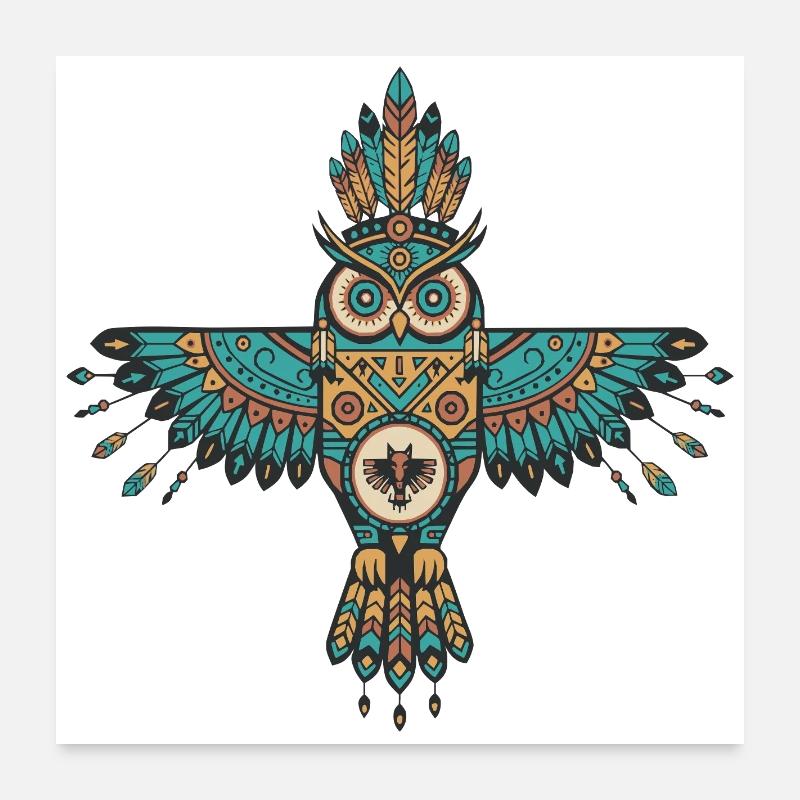 Tribal Eule – Spiritueller Wächter - Poster 60x60 cm - Weiß