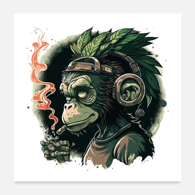 Gorilla mit Kopfhörern und Rauch Poster 60x60 cm