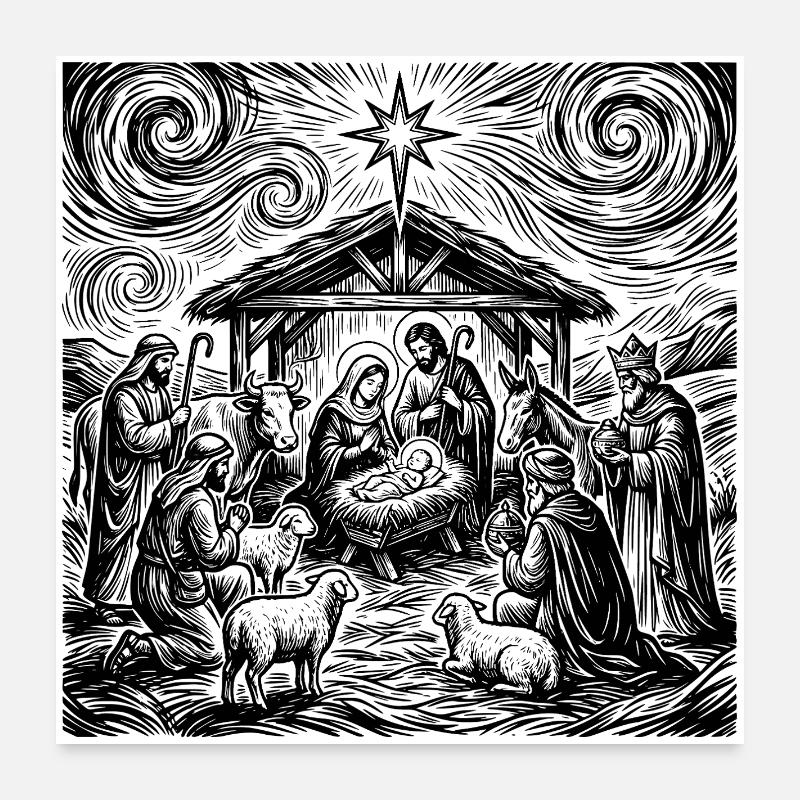 Scène de la Nativité de Jésus, Noël Poster 60 x 60 cm