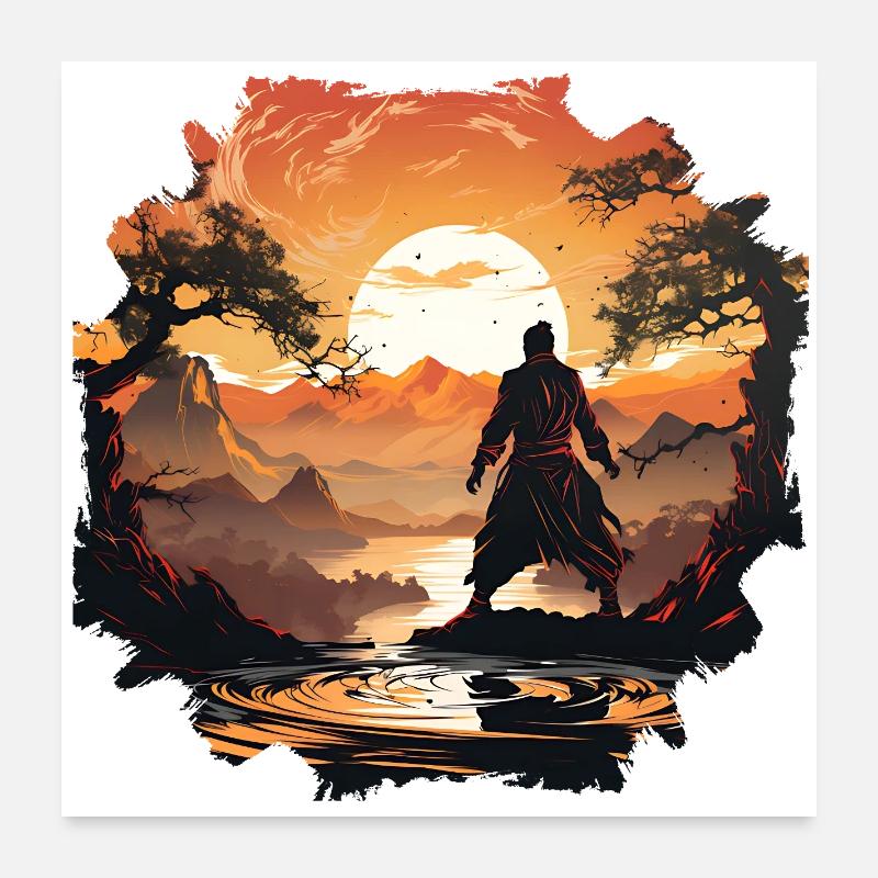 Sonnenuntergangsamurai am stillen See Poster 60x60 cm