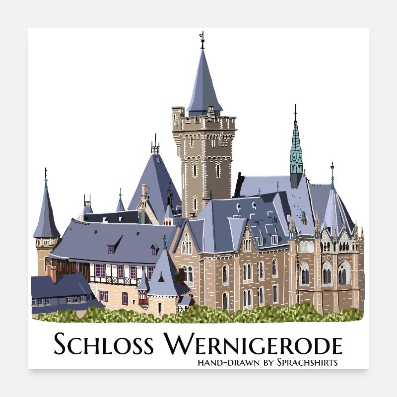 Château de Wernigerode dans les montagnes du Harz, dessin à la main Poster 60 x 60 cm