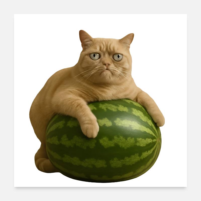 Chat sur pastèque - Mème drôle de chat Poster 60 x 60 cm