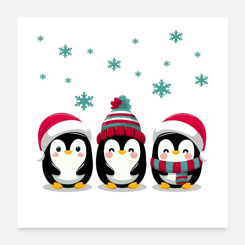 Trois manchots avec des chapeaux de Noël - Poster 60 x 60 cm - blanc