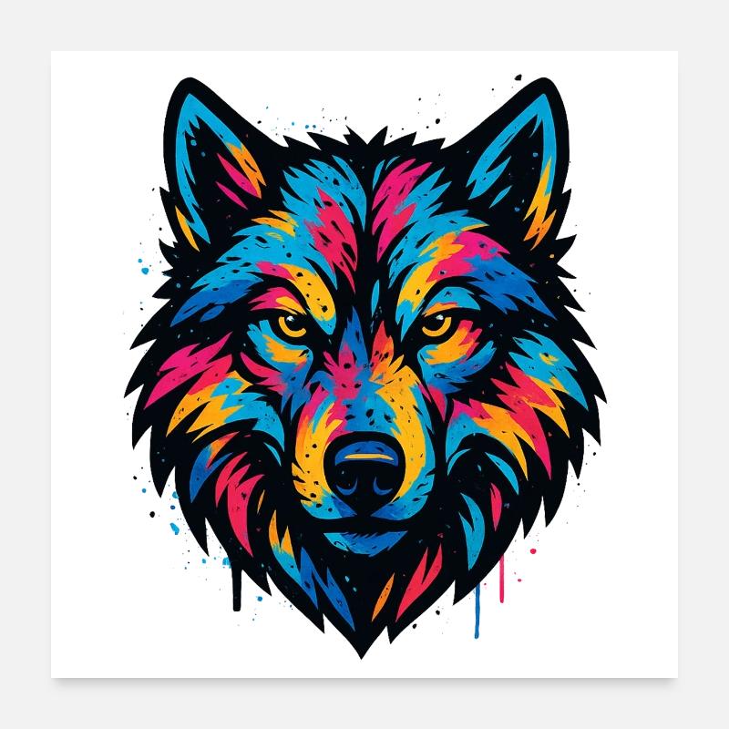 Neonwolf Kopf Kunst Poster 60x60 cm