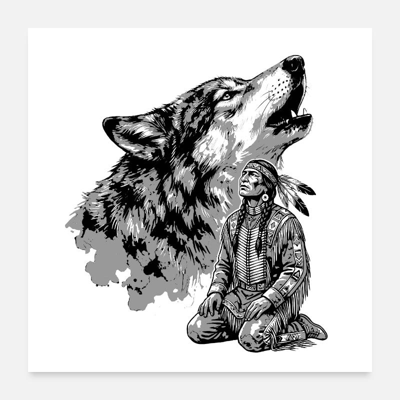 Indianer Krieger mit heulendem Wolf Poster 60x60 cm