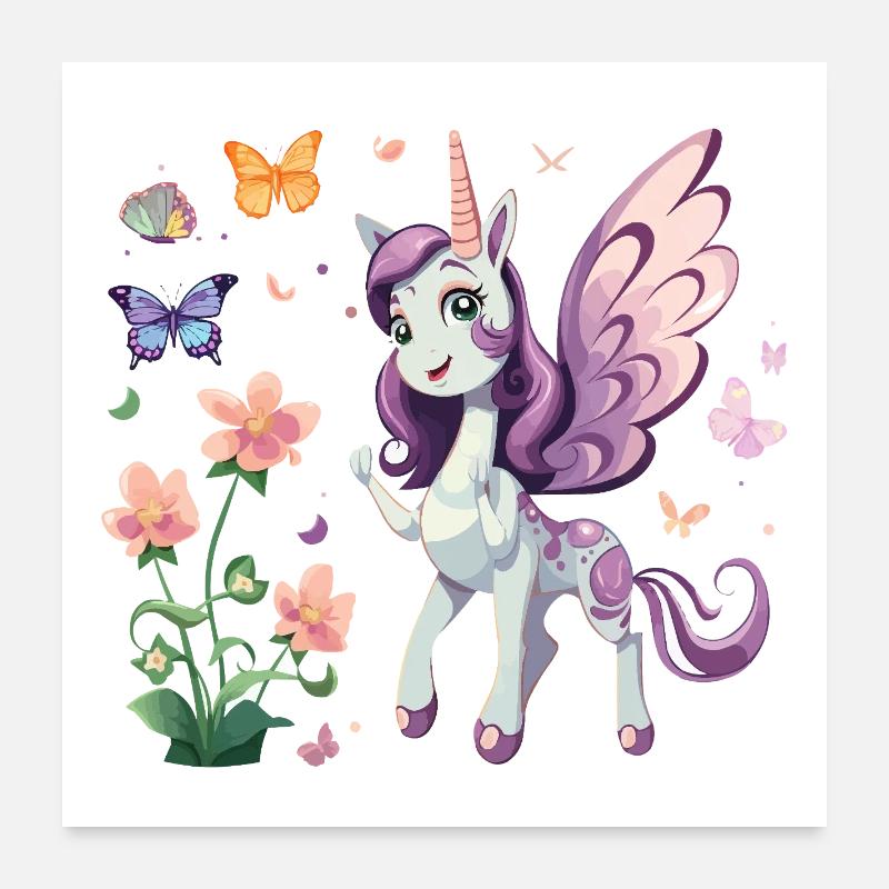 Licorne violette aux papillons Poster 60 x 60 cm
